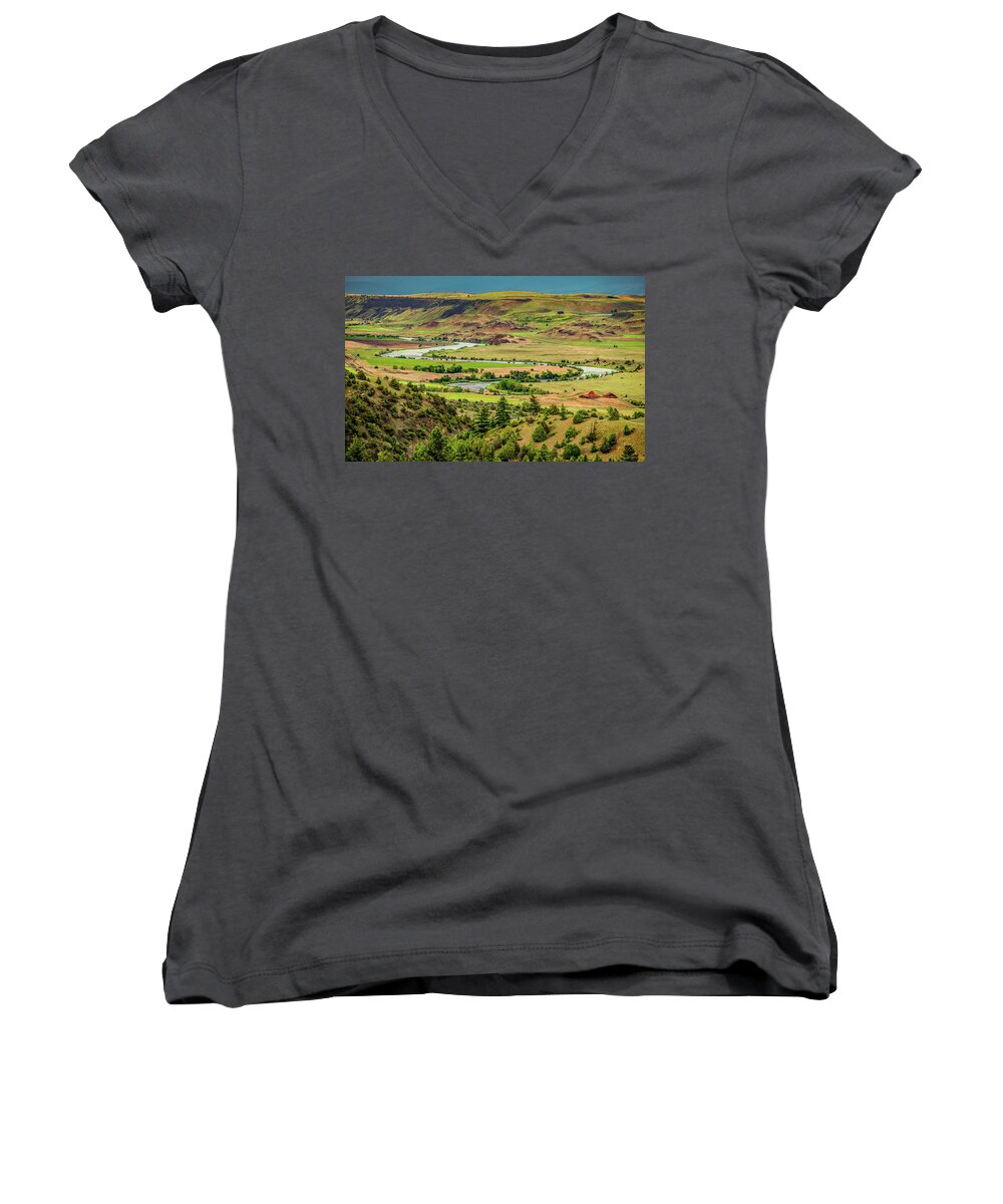 Montana Women's V-Neck featuring the photograph Yellowstone River Valley Vista by Marcy Wielfaert