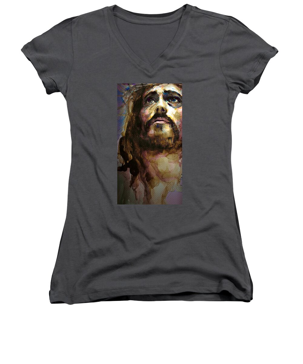 Jesus Christ Women's V-Neck featuring the painting You are not alone 3 by Laur Iduc