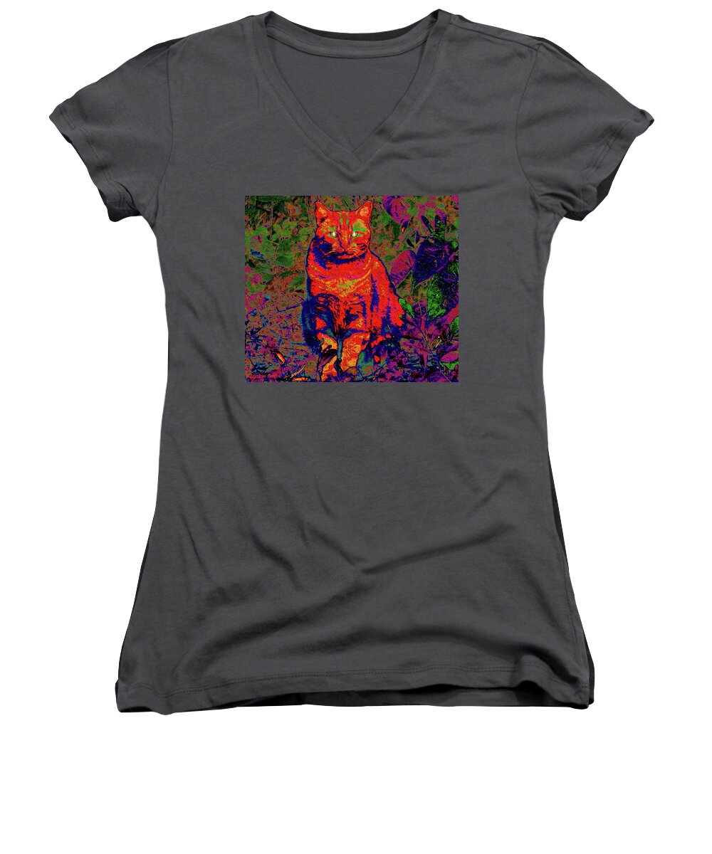 Cat Women's V-Neck featuring the digital art Zombie Cat by Larry Beat