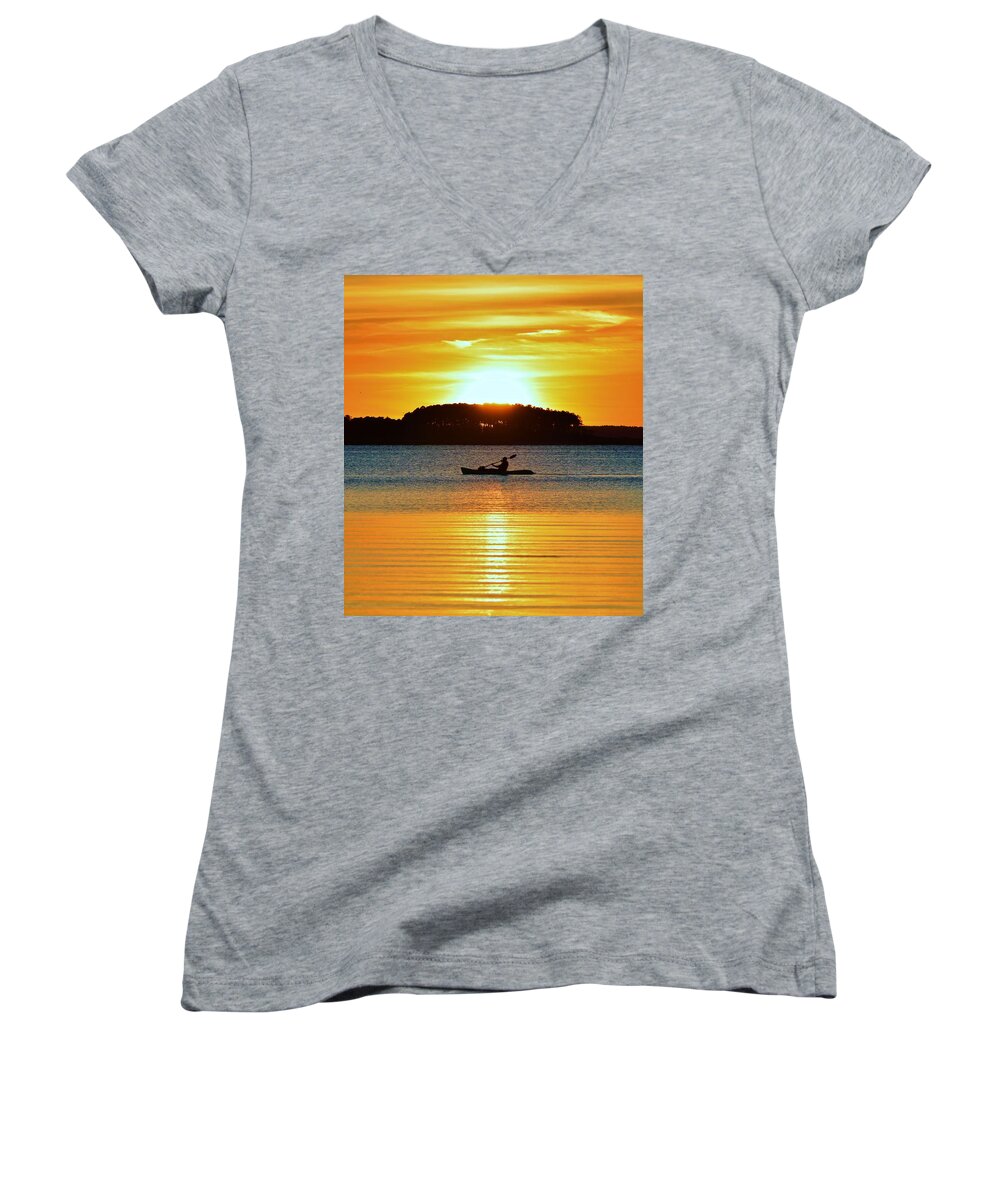 Kayak Women's V-Neck featuring the photograph A Reason to Kayak - Summer Sunset by Billy Beck