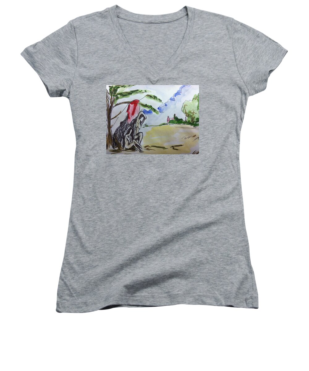  Women's V-Neck featuring the painting Memory of Paul Cezanne by Hae Kim