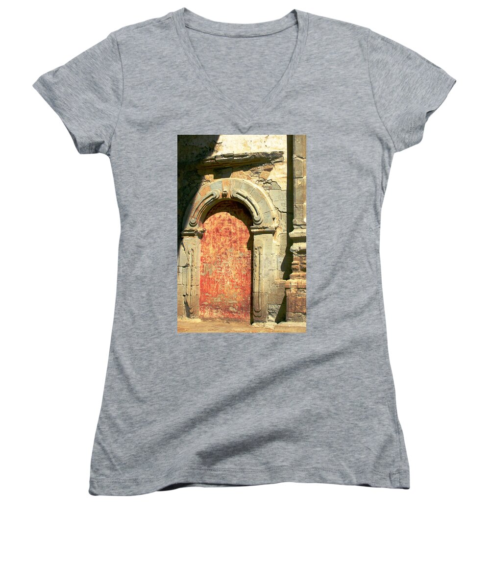 Mission Women's V-Neck featuring the photograph 0584 San Juan Capistrano Mission by Steve Sturgill