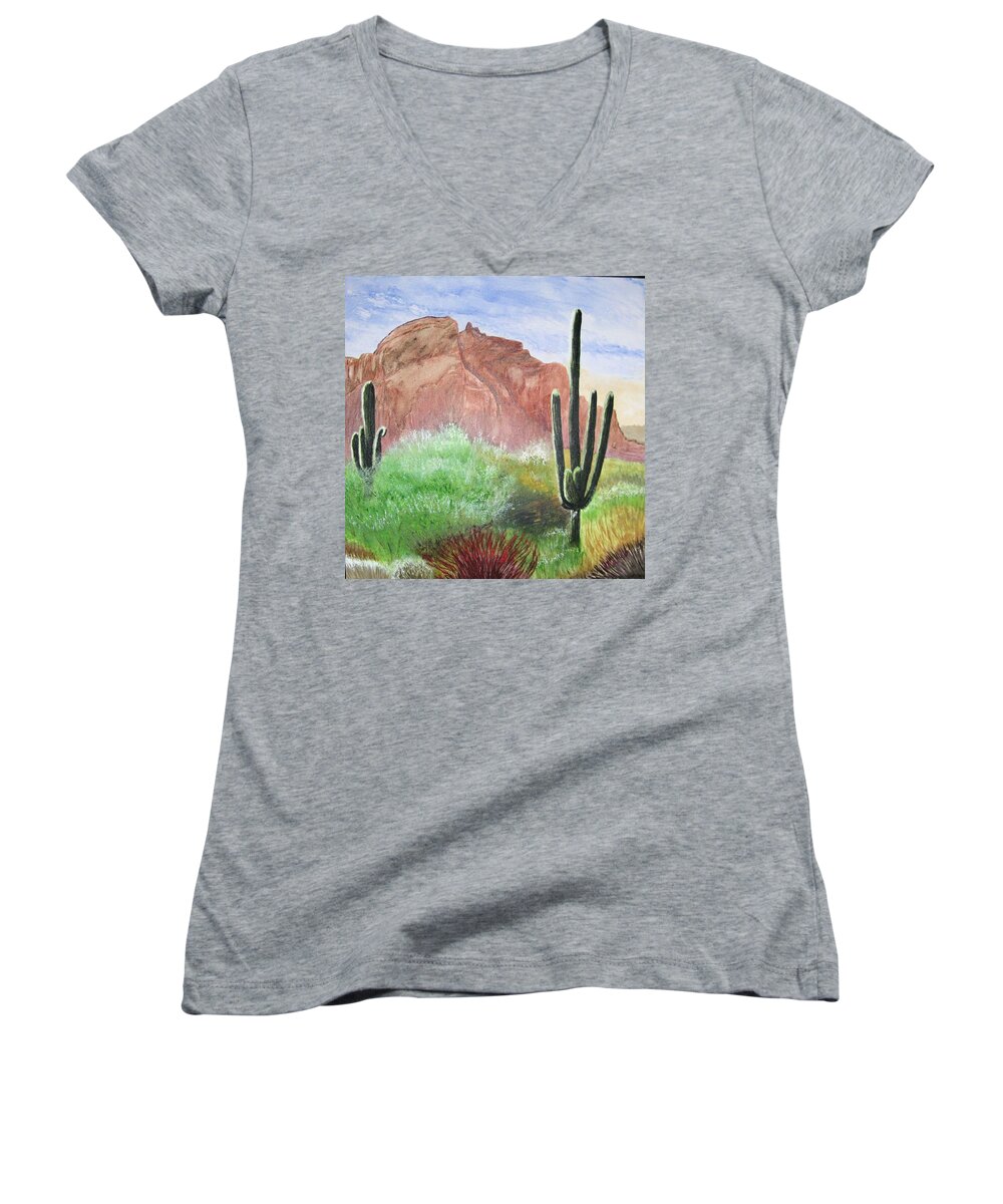 Desert Women's V-Neck featuring the pastel 2 Saguaros #1 by Maris Sherwood