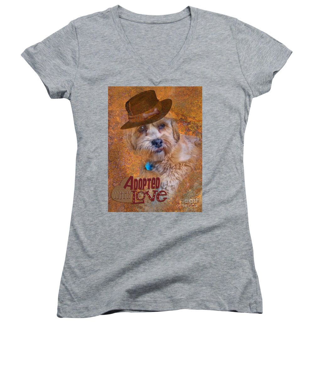 Dog Women's V-Neck featuring the digital art Adopted with love #2 by Kathy Tarochione
