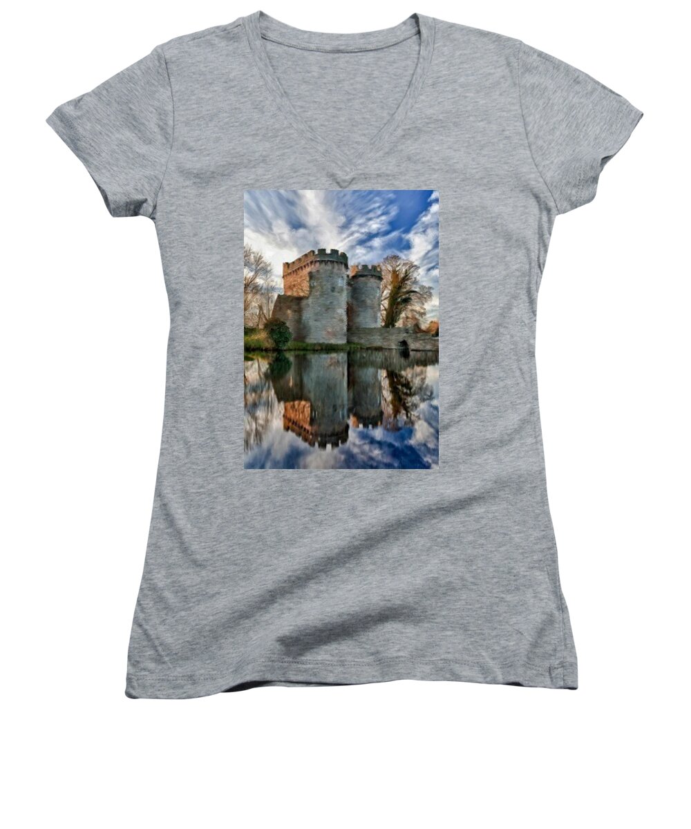 Castle Women's V-Neck featuring the painting Ancient Whittington Castle in Shropshire England #1 by Bruce Nutting