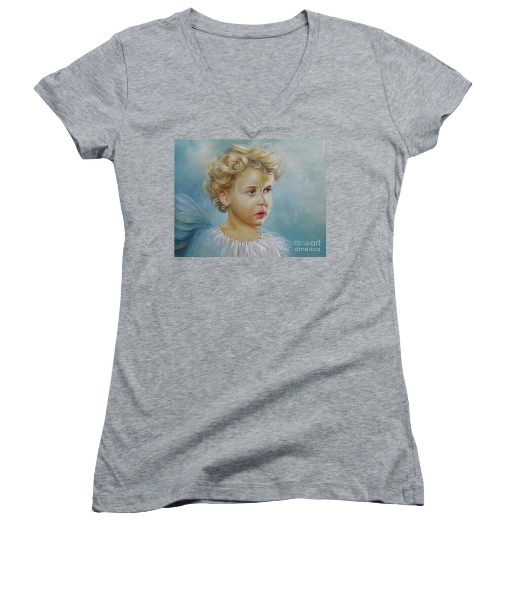 Angel Women's V-Neck featuring the painting Angel #2 by Elena Oleniuc