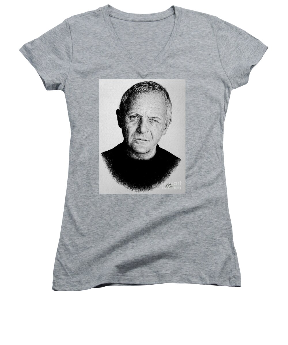 Anthony Hopkins Women's V-Neck featuring the drawing Anthony Hopkins #4 by Andrew Read