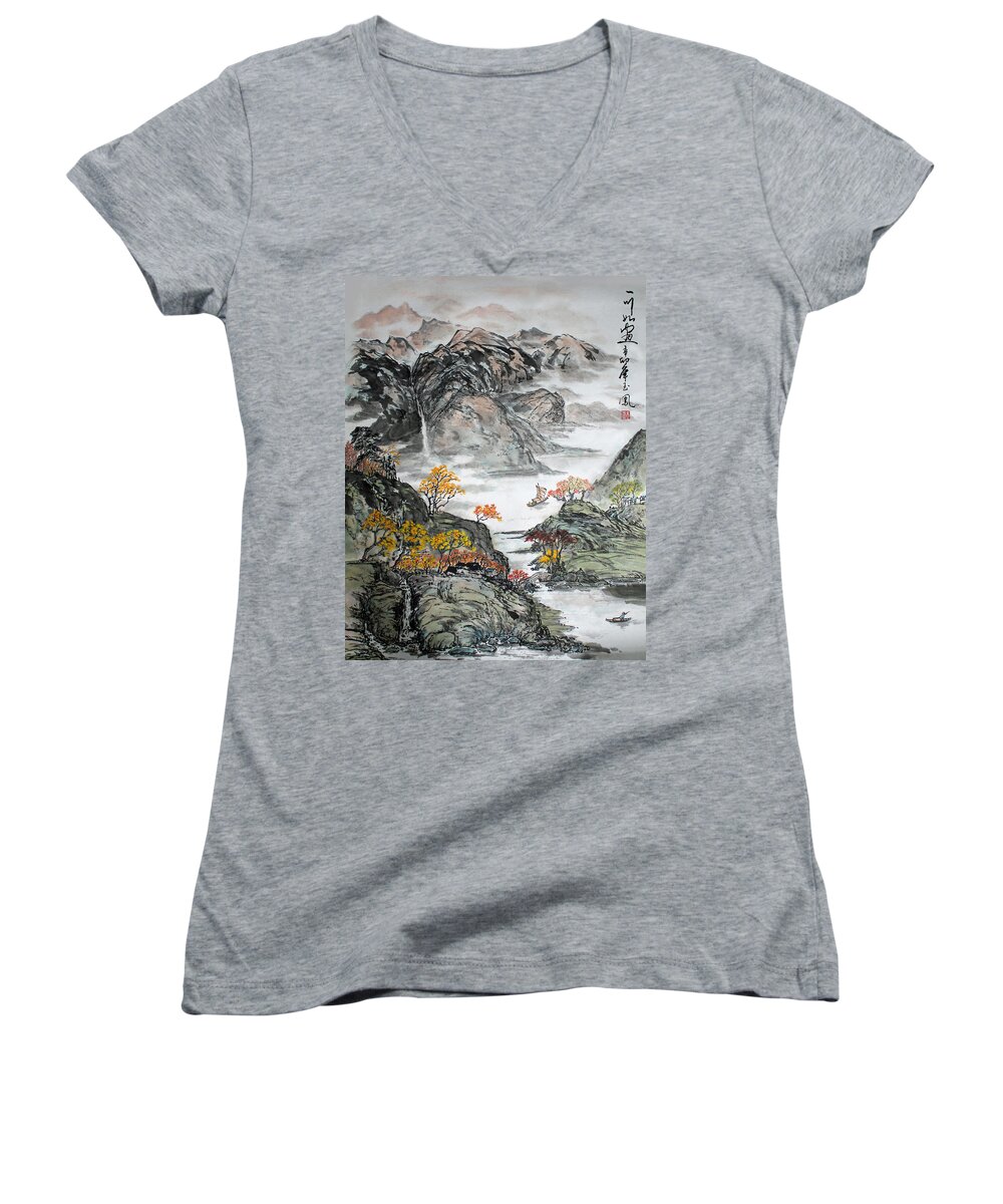Fall Season Women's V-Neck featuring the painting Autumn #2 by Yufeng Wang