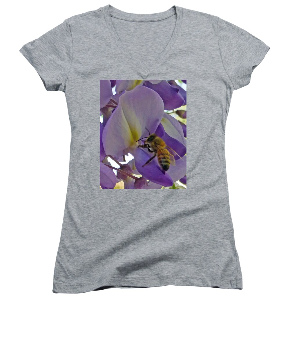 Bee Women's V-Neck featuring the photograph Bee in Wisteria #2 by Claudia Goodell