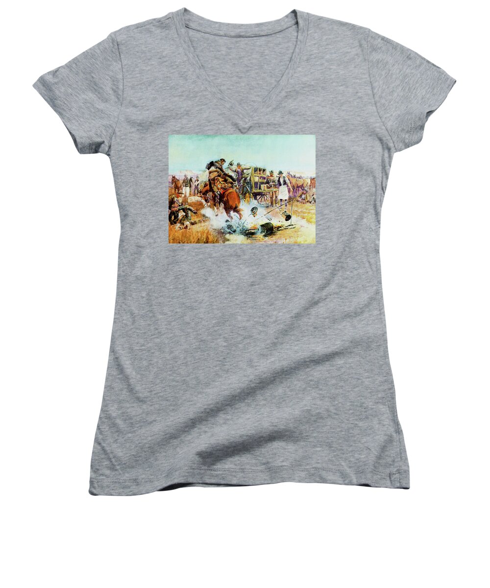 Charles Russell Women's V-Neck featuring the painting Bronc For Breakfast #3 by Charles Russell