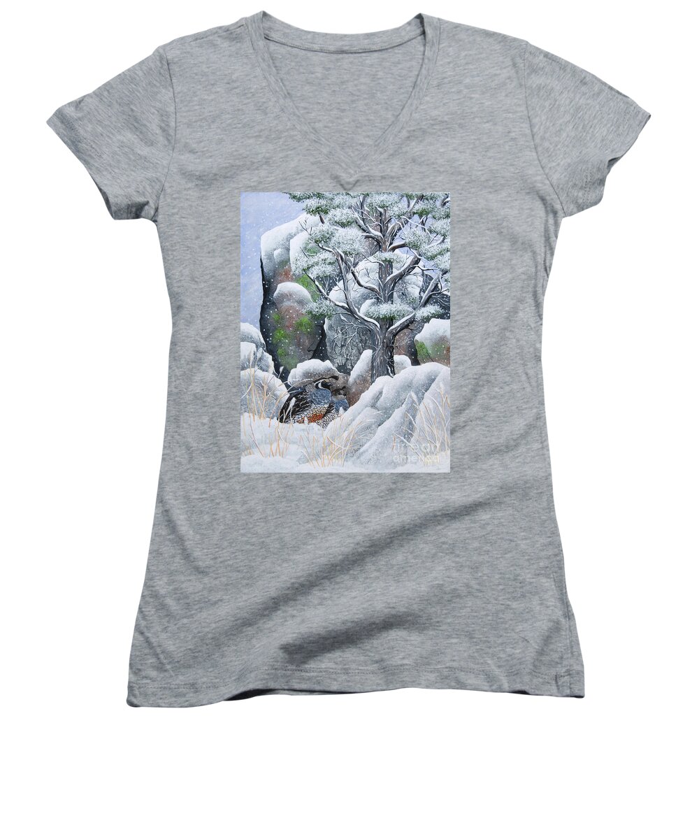 Quail Women's V-Neck featuring the painting Cozy Couple by Jennifer Lake