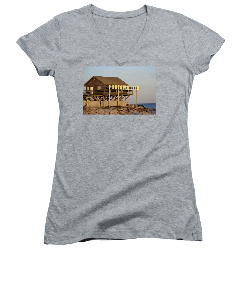 Funtown Pier Women's V-Neck featuring the photograph Funtown Pier #1 by Terry DeLuco
