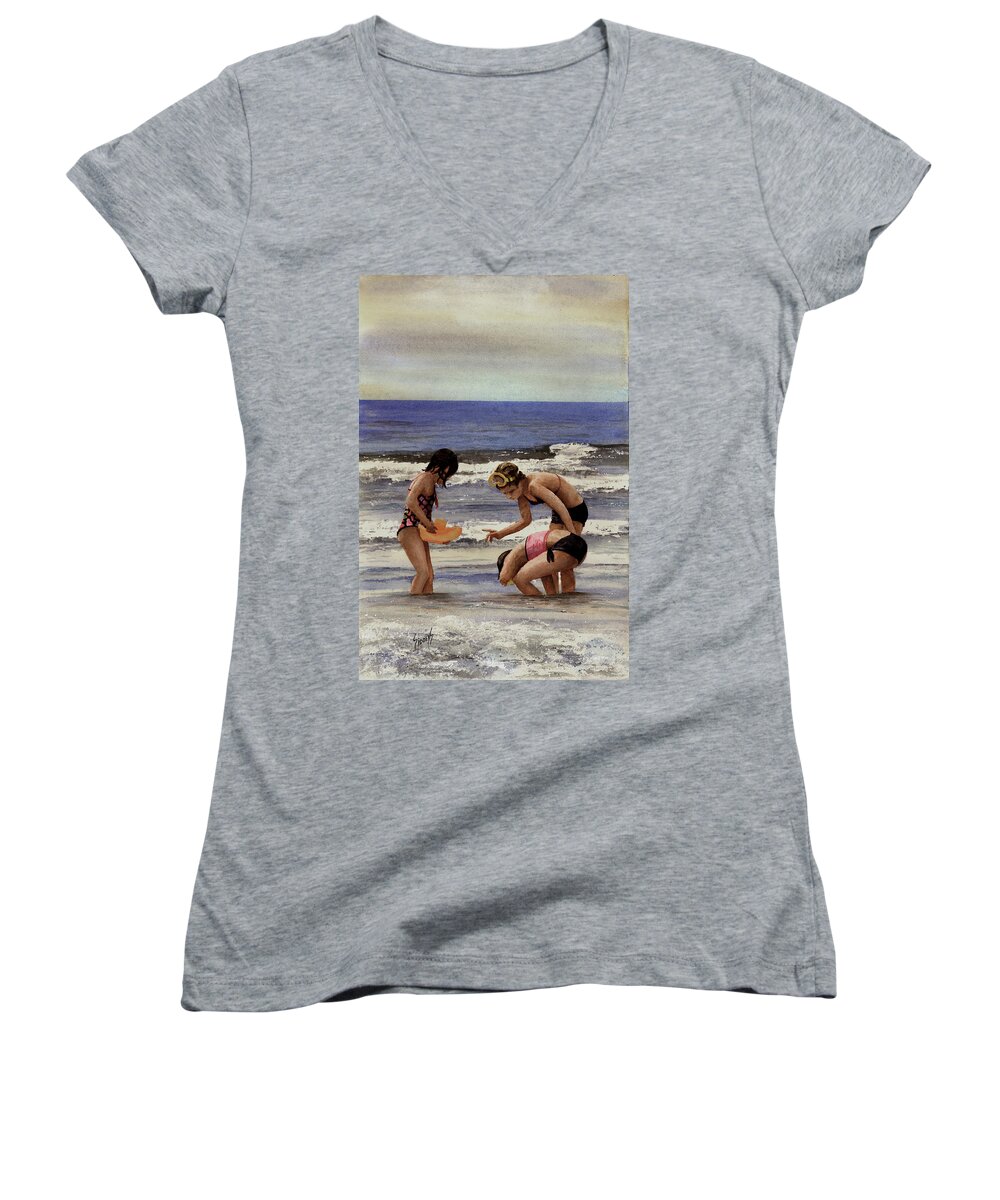 Beach Women's V-Neck featuring the painting Girls At The Beach #1 by Sam Sidders