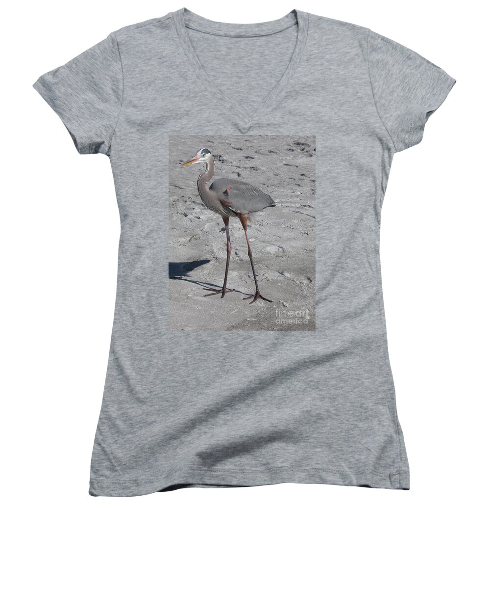 Heron Women's V-Neck featuring the photograph Great Blue Heron On The Beach by Christiane Schulze Art And Photography