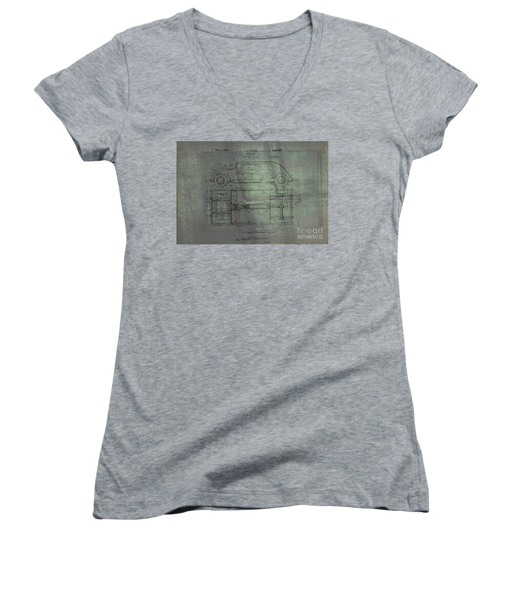 Harleigh R. Holmes Women's V-Neck featuring the drawing Harleigh Holmes Original Automobile Patent by Doc Braham