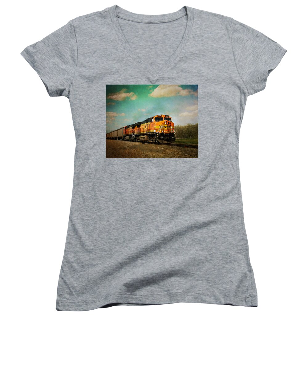 Bnsf Railroad Women's V-Neck featuring the photograph Hear the Train A Coming by Jeff Mize