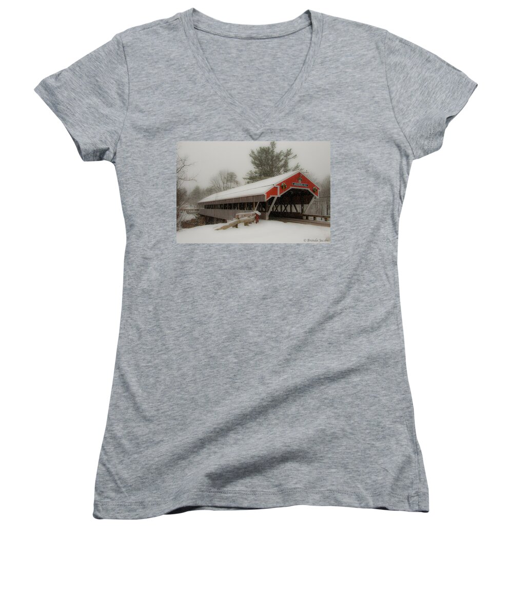 Covered Bridge Women's V-Neck featuring the photograph Jackson NH Covered Bridge #1 by Brenda Jacobs