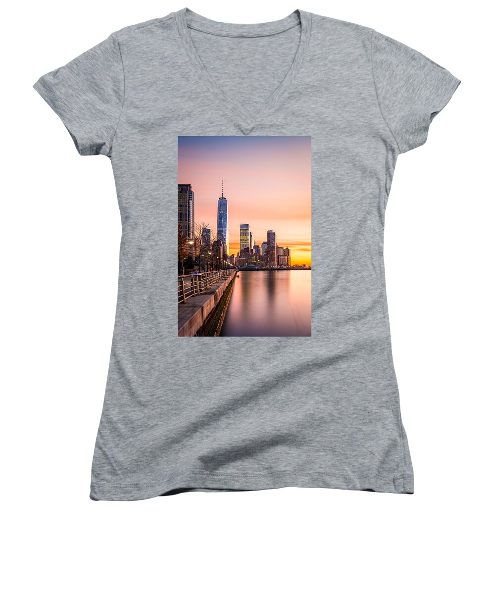 America Women's V-Neck featuring the photograph Lower Manhattan at sunset #1 by Mihai Andritoiu