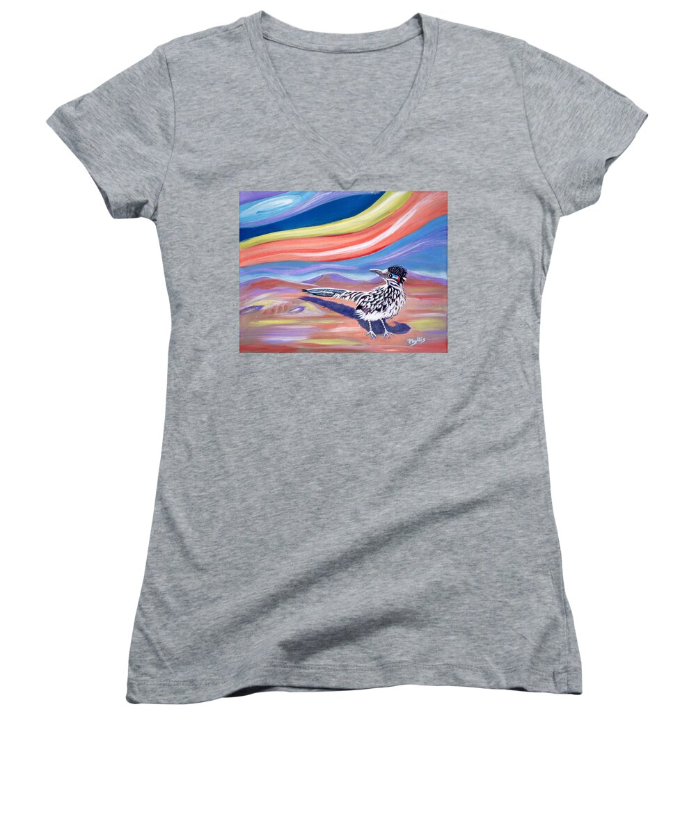 Roadrunner Women's V-Neck featuring the painting Posy 2 The Roadrunner by Phyllis Kaltenbach