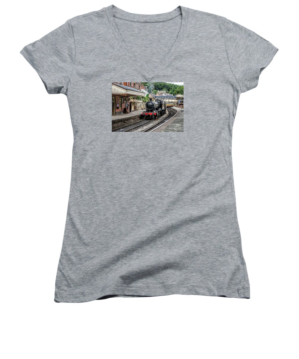 Steam Locomotive Women's V-Neck featuring the photograph Steam Train Wales by Adrian Evans