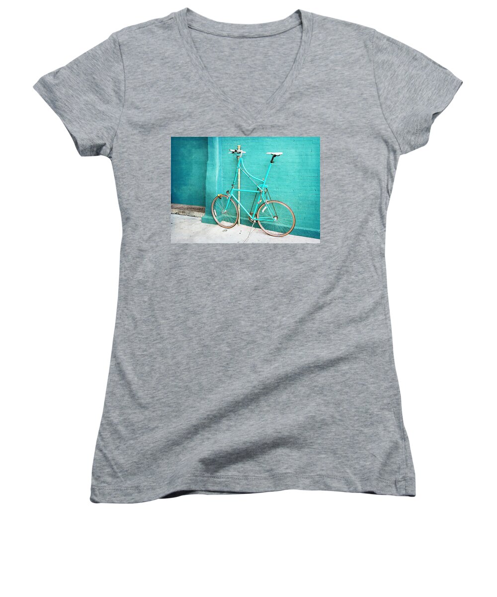 Turquoise Women's V-Neck featuring the photograph Tall Bike on Aqua Blue Green by Brooke T Ryan