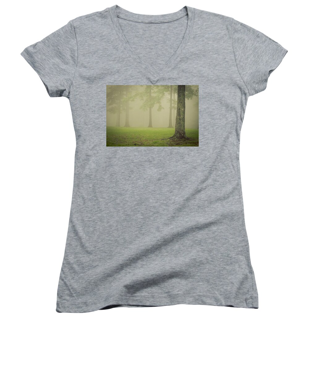 Landscape Women's V-Neck featuring the photograph Trees in Fog #1 by Joye Ardyn Durham