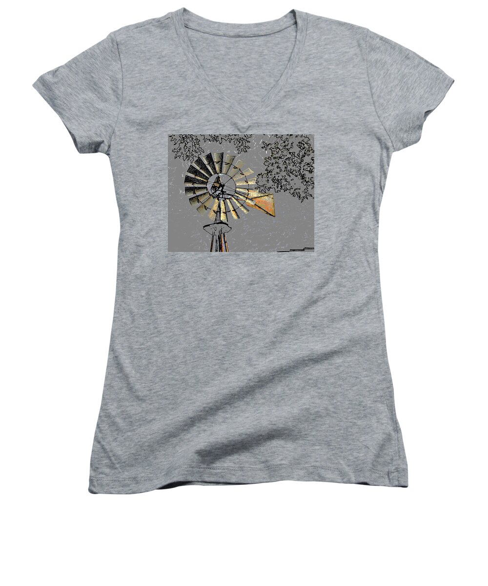 Farm Women's V-Neck featuring the photograph Yesterday's Windmill by Linda Cox