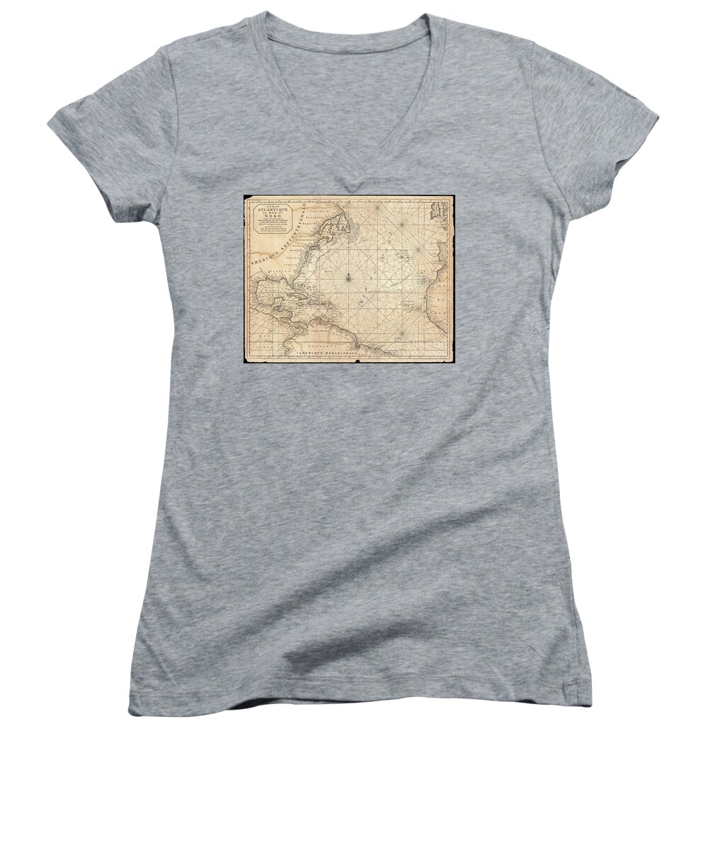  This Is A Rare And Remarkable 1693 Nautical Chart Of The Atlantic Ocean By Pierre Mortier. Covers The North Atlantic From Rough 5 Degree South Latitude To Roughly 56 Degrees North Latitude. Includes Much Of North America Women's V-Neck featuring the photograph 1683 Mortier Map of North America the West Indies and the Atlantic Ocean by Paul Fearn