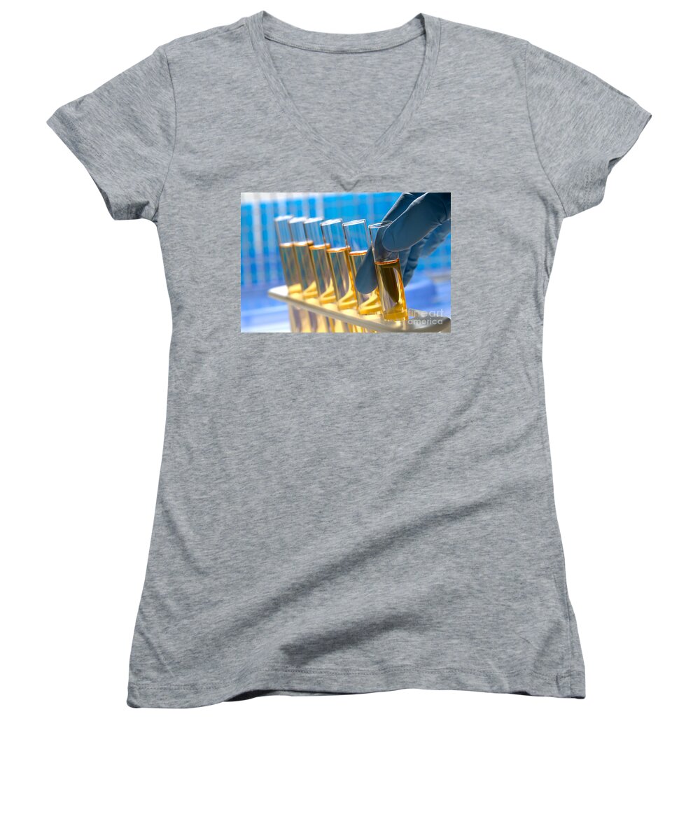 Test Women's V-Neck featuring the photograph Laboratory Test Tubes in Science Research Lab #19 by Science Research Lab