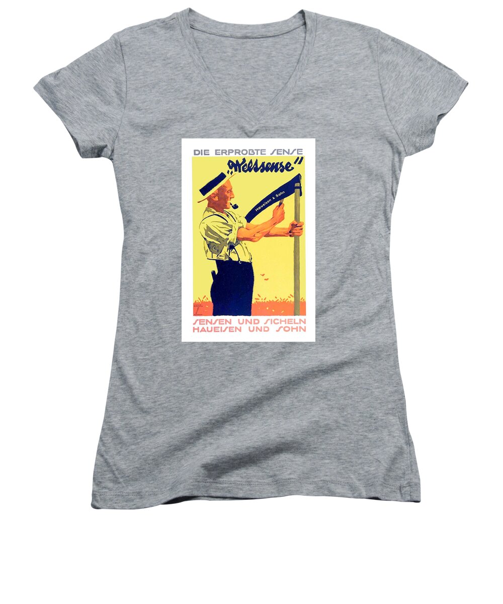 1916 Women's V-Neck featuring the digital art 1920 - Haueisen Sickle and Scythe Advertisement - Lugwin Holwein - Color by John Madison