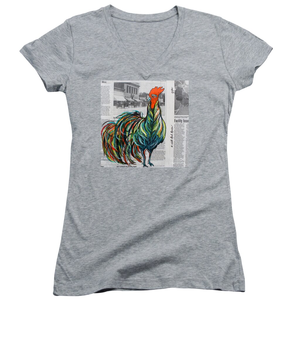 Rooster Women's V-Neck featuring the painting A Well Read Rooster by Janice Pariza