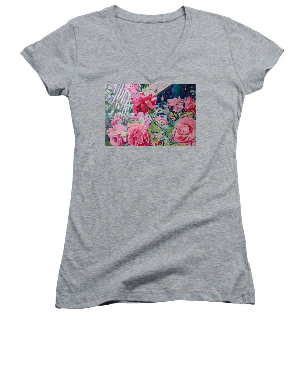 Roses Women's V-Neck featuring the painting American Beauty #2 by Terry Holliday