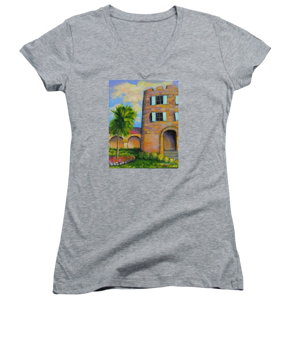 Pirate Women's V-Neck featuring the painting Bluebeard's Castle by Laurie Morgan