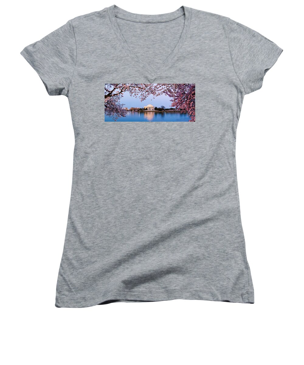 Photography Women's V-Neck featuring the photograph Cherry Blossom Tree With A Memorial #2 by Panoramic Images