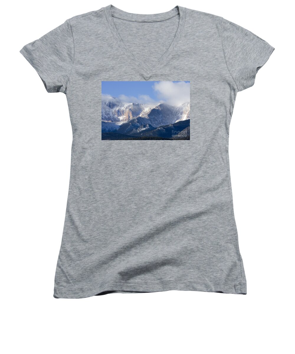 Pikes Peak Women's V-Neck featuring the photograph Cloudy Peak #2 by Steven Krull