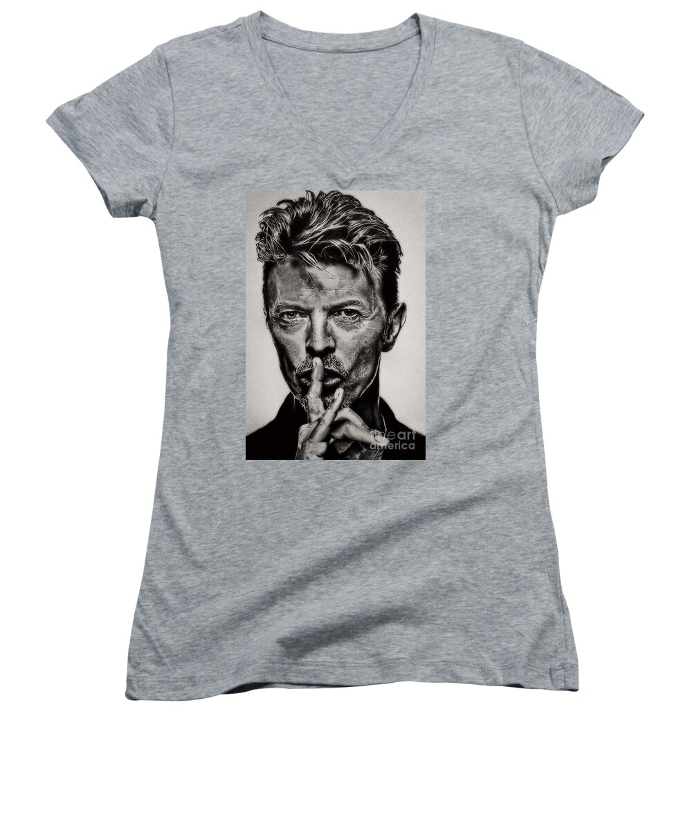 David Bowie Women's V-Neck featuring the drawing David Bowie - Pencil Abstract by Doc Braham