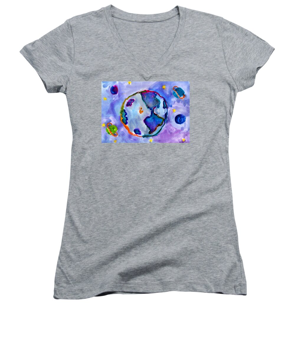 Earth Women's V-Neck featuring the painting Earth by Lauren Van Woy Age Nine
