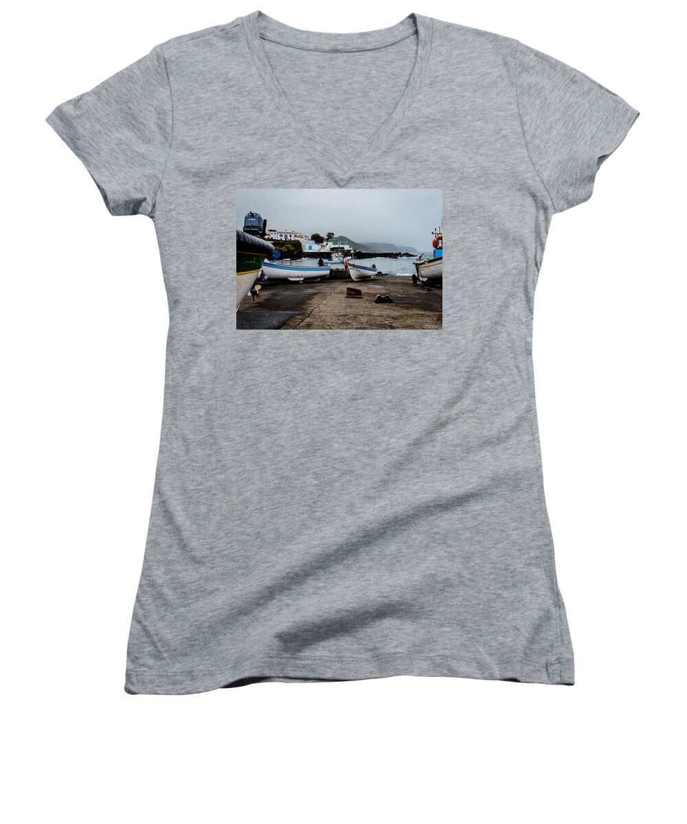 Beach Women's V-Neck featuring the photograph Fishing Boats On Wharf With View Of Houses #2 by Joseph Amaral
