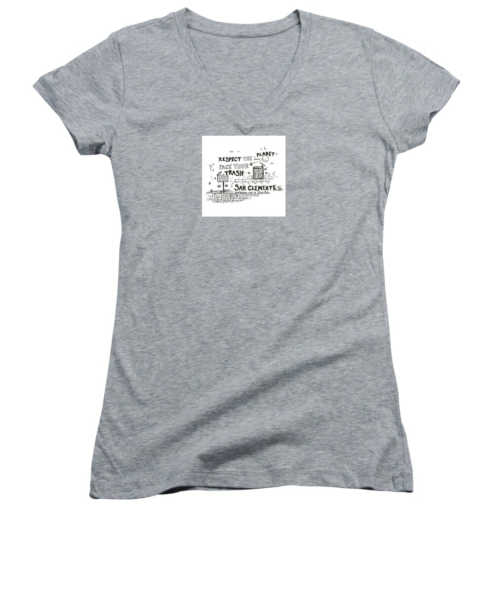 Packyourtrashdrawing Women's V-Neck featuring the drawing Pack your trash #3 by Paul Carter