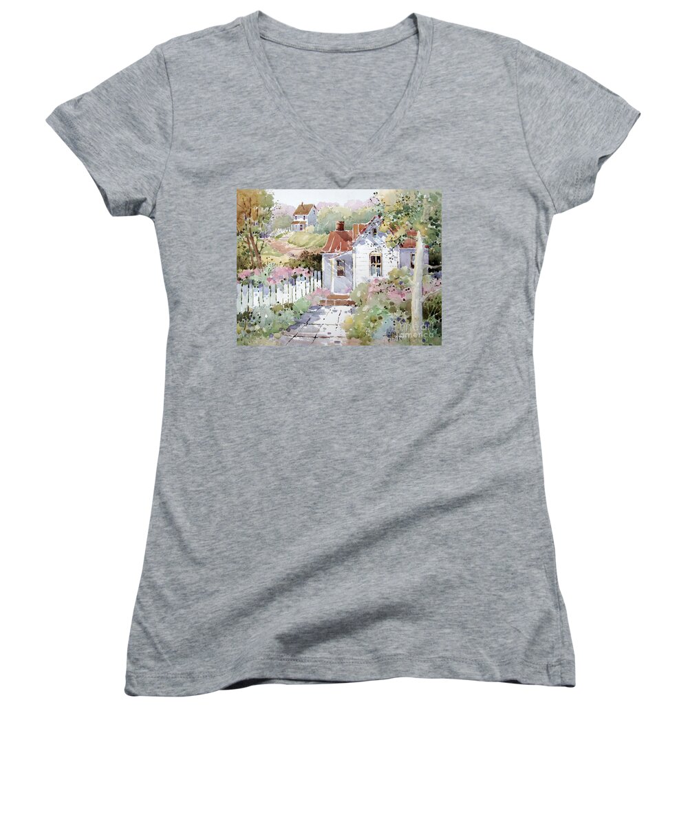 Cottage Women's V-Neck featuring the painting Summer Time Cottage by Joyce Hicks