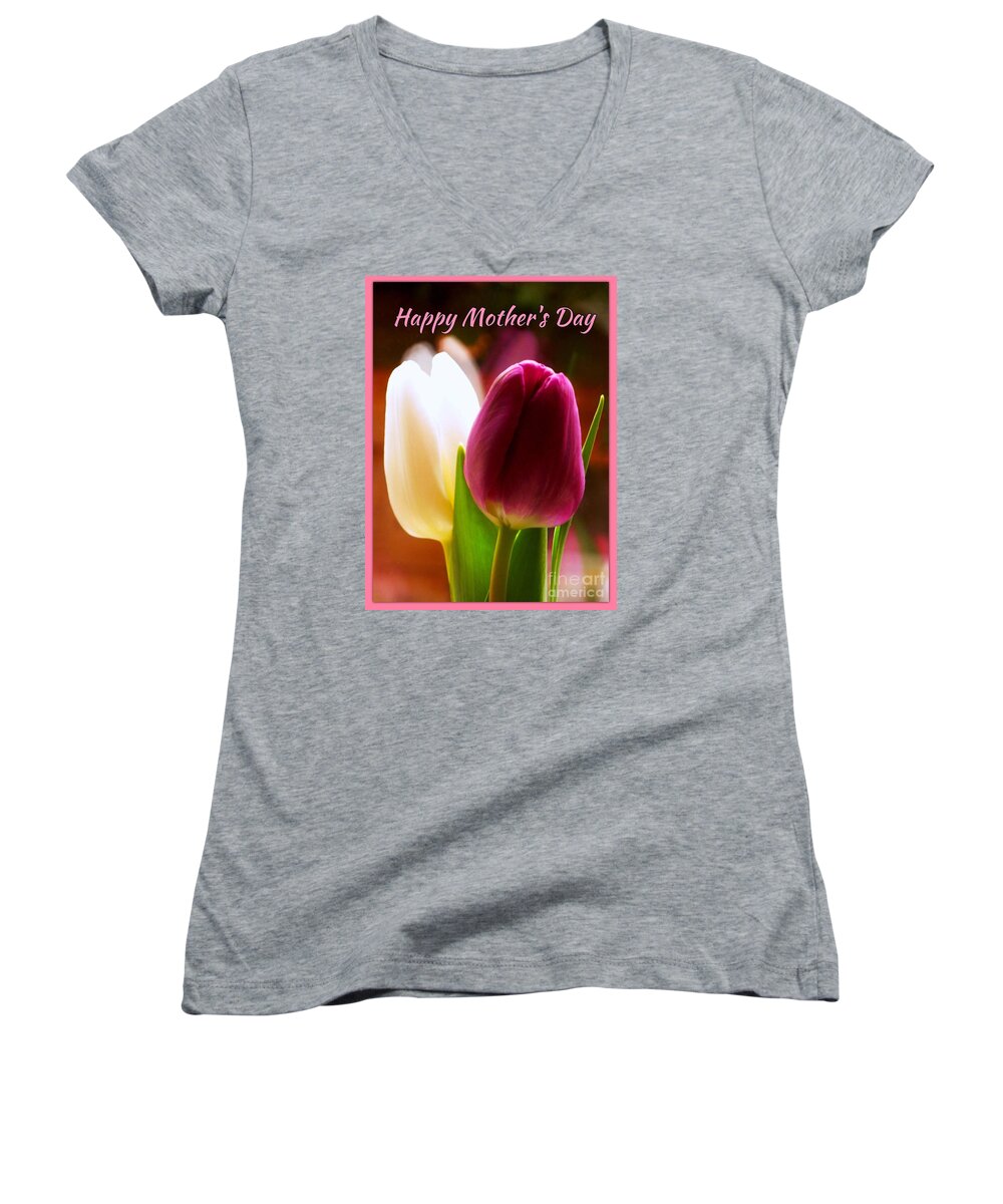 Red Tulip Women's V-Neck featuring the photograph 2 Tulips for Mother's Day by Joan-Violet Stretch