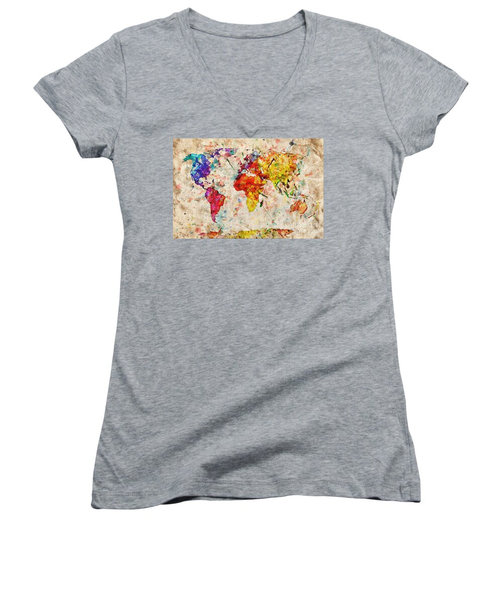 Map Women's V-Neck featuring the photograph Vintage world map #2 by Michal Bednarek