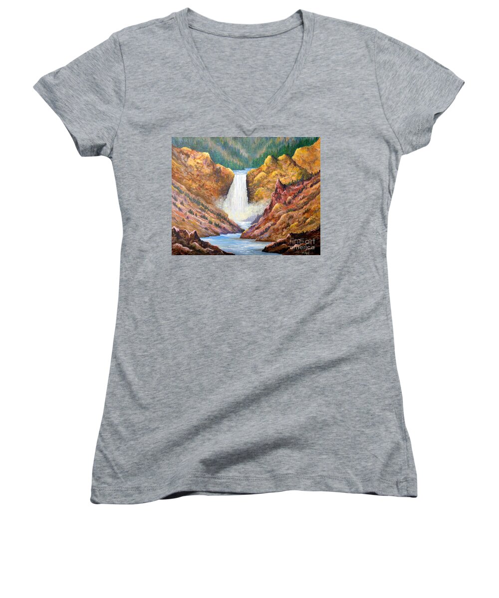 Waterfalls Women's V-Neck featuring the painting Yellowstone Falls #1 by Lou Ann Bagnall