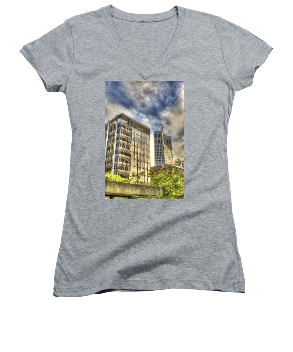 San Francisco Women's V-Neck featuring the photograph 345 California Center two flags by SC Heffner