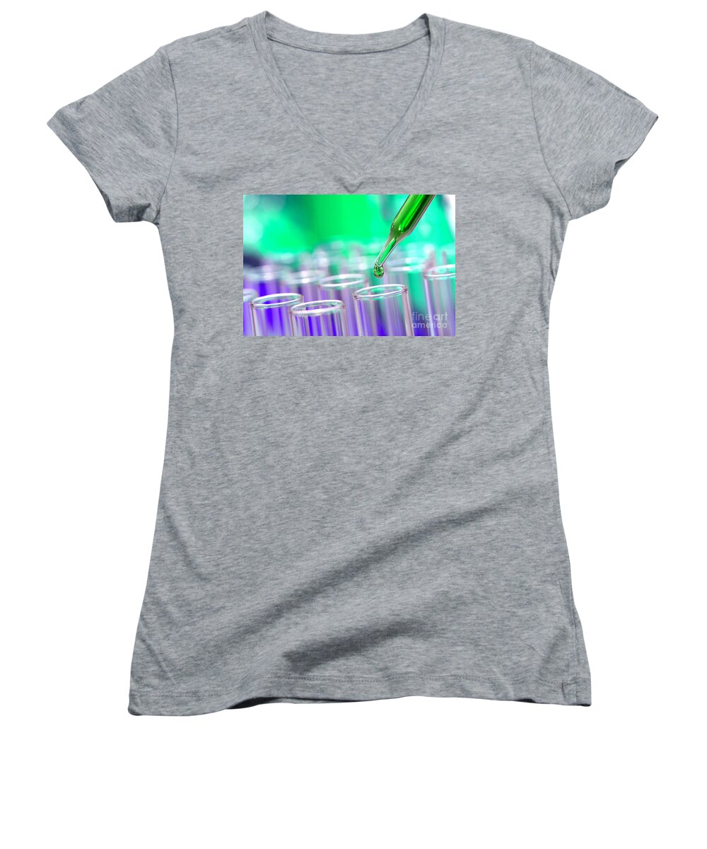 Test Women's V-Neck featuring the photograph Laboratory Test Tubes in Science Research Lab #4 by Science Research Lab