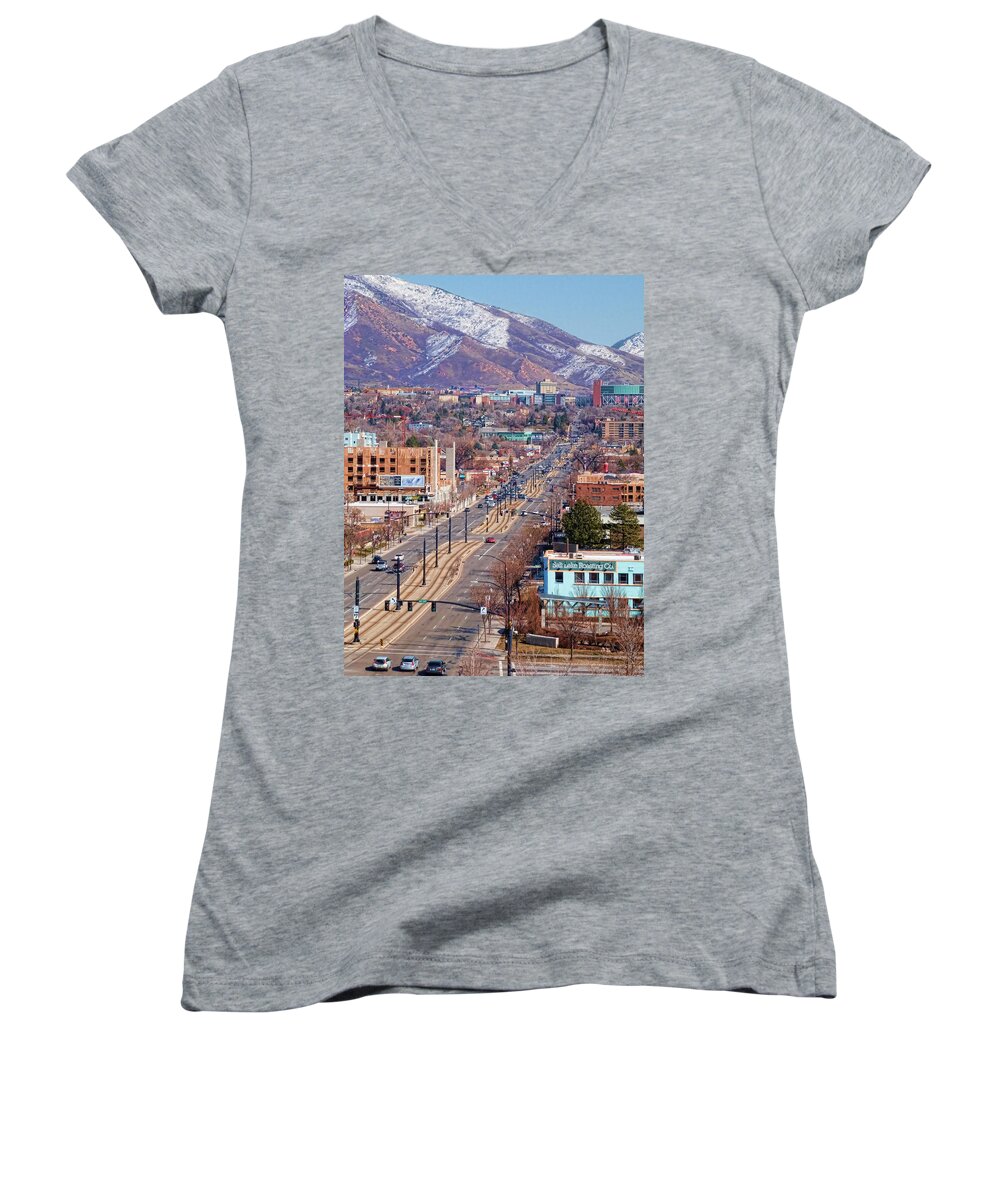 400 Salt Lake City Women's V-Neck featuring the photograph 400 S Salt Lake City by Ely Arsha