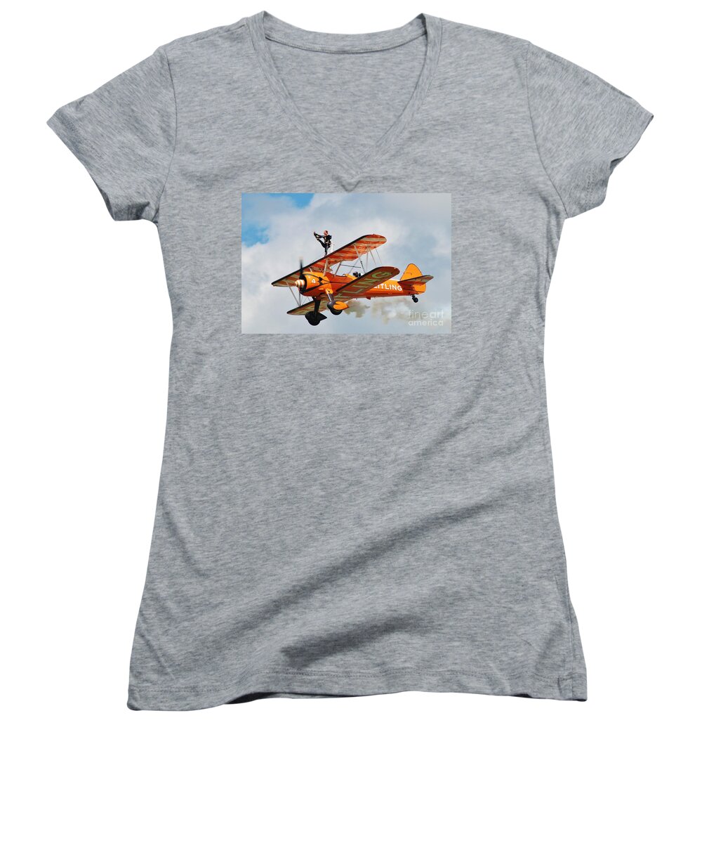 Breitling Women's V-Neck featuring the photograph Breitling Wingwalkers team #5 by David Fowler