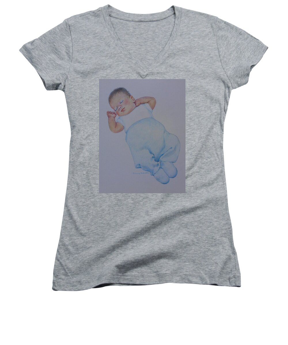 Baby Women's V-Neck featuring the drawing Sleeping Baby by Constance Drescher