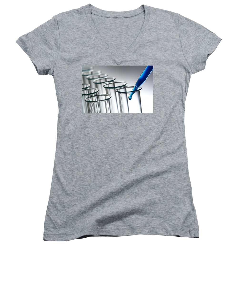 Test Women's V-Neck featuring the photograph Laboratory Test Tubes in Science Research Lab #6 by Science Research Lab