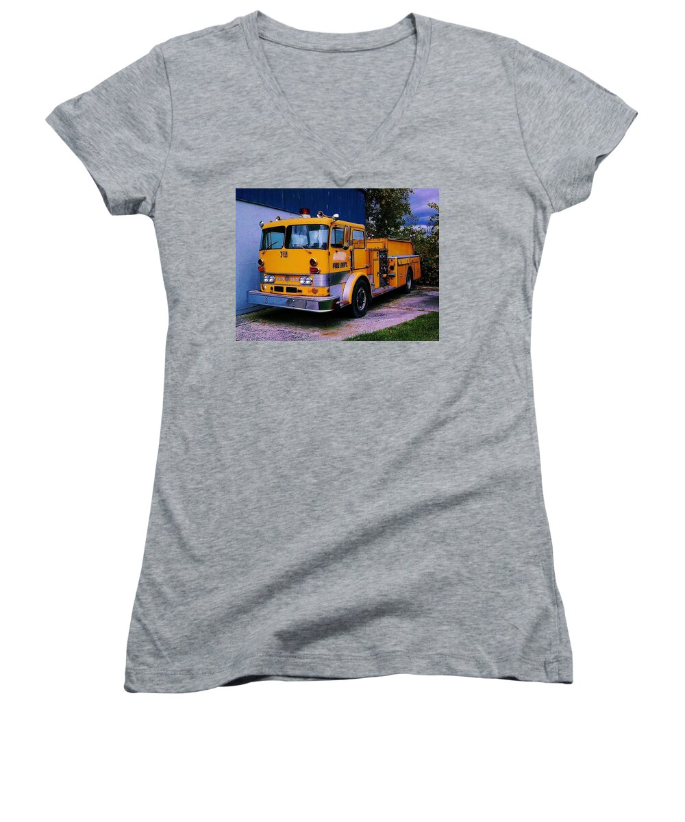 Fire Engin Women's V-Neck featuring the photograph 710 ....... Fire Dept. by Daniel Thompson